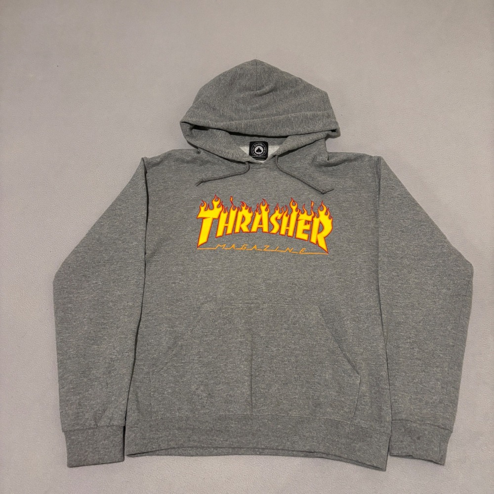 Thrasher Magazine Flame Logo Hoodie Gray Mens Small Skateboard Streetwear Grunge